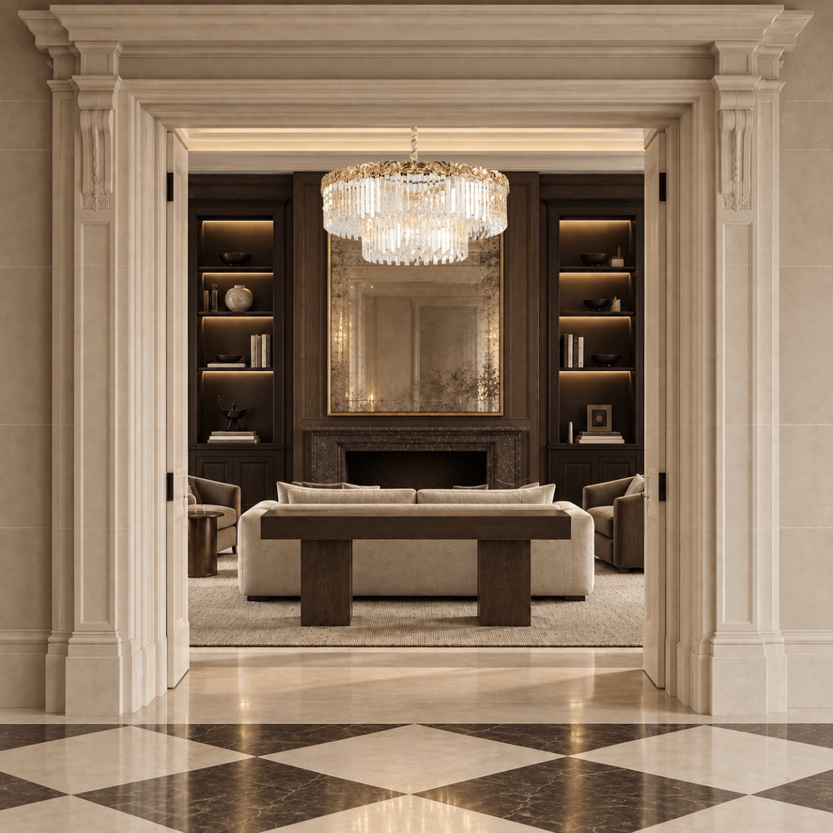 La Scala Crystal Conte chandelier in a luxury reception room with dark walnut joinery, marble fireplace and classical architecture.