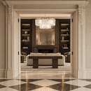 La Scala Crystal Conte chandelier in a luxury reception room with dark walnut joinery, marble fireplace and classical architecture.