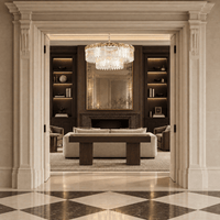 La Scala Crystal Conte chandelier in a luxury reception room with dark walnut joinery, marble fireplace and classical architecture.