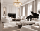 La Scala Crystal Conte gold and crystal chandelier in an elegant luxury home living room with grand piano.