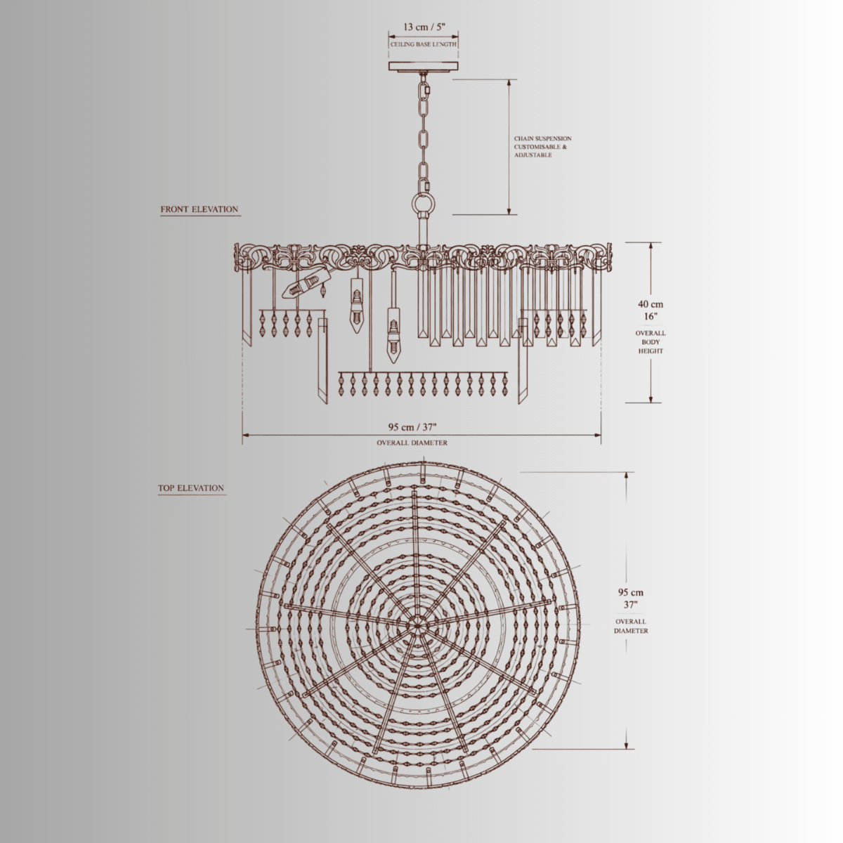 CAD drawing of La Scala Crystal Conte luxury crystal chandelier, 95cm round ceiling light dimensions