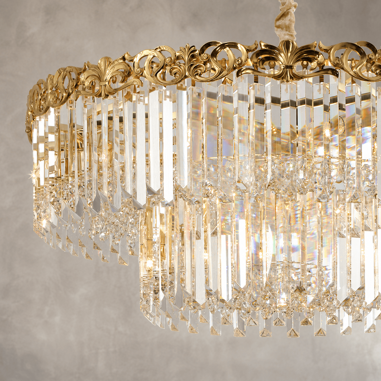 Close-up of La Scala Crystal Conte luxury gold and crystal chandelier with premium lead-free crystals