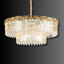 Front of La Scala Crystal Conte chandelier showcasing tiered gold-plated copper frame and precision-cut lead-free crystals.