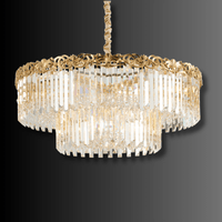 Front of La Scala Crystal Conte chandelier showcasing tiered gold-plated copper frame and precision-cut lead-free crystals.