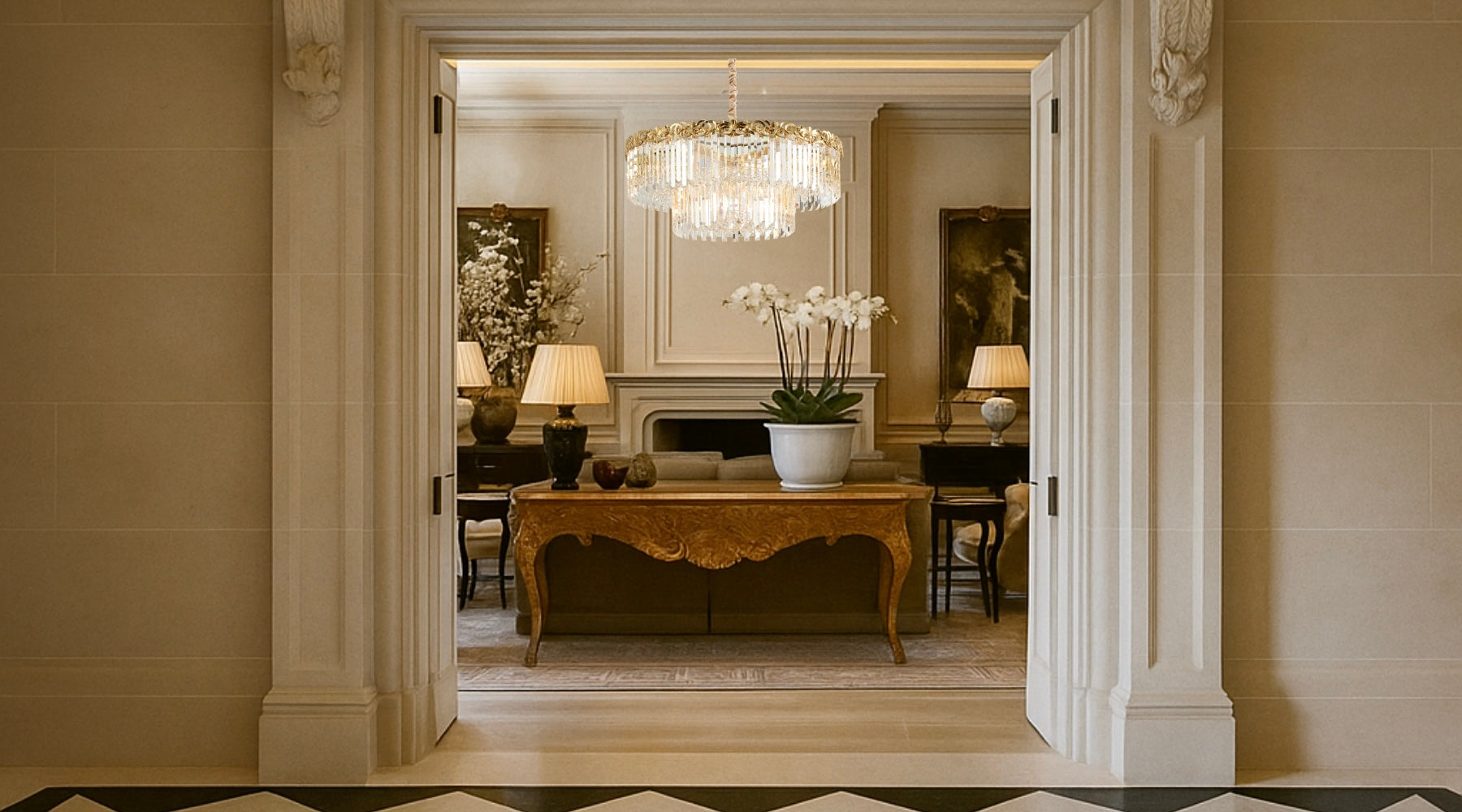 La Scala Crystal Conte luxury crystal chandelier illuminating an elegant classical interior with refined architectural details.