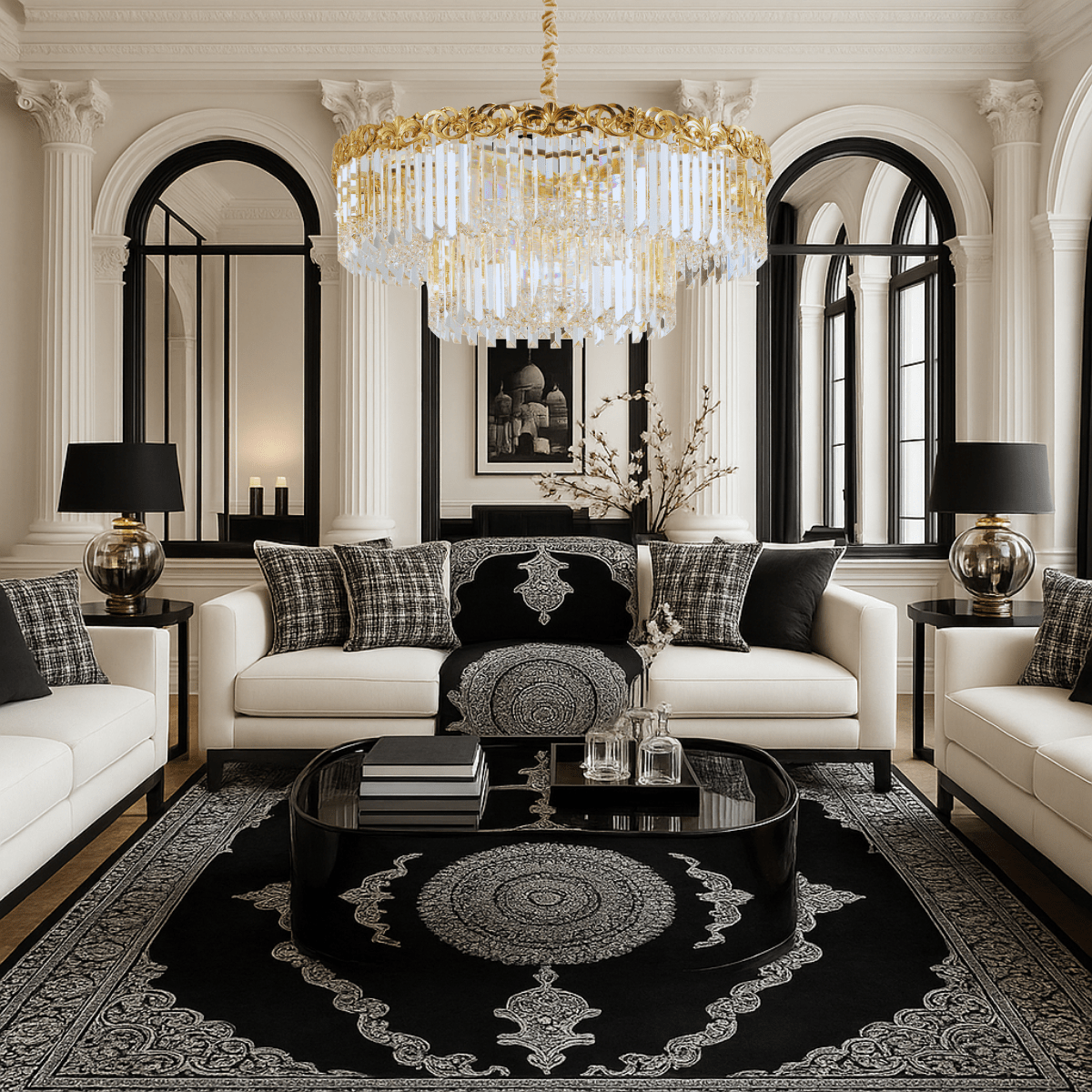 La Scala Crystal Conte chandelier installed in a grand living room with high ceilings and classic décor.
