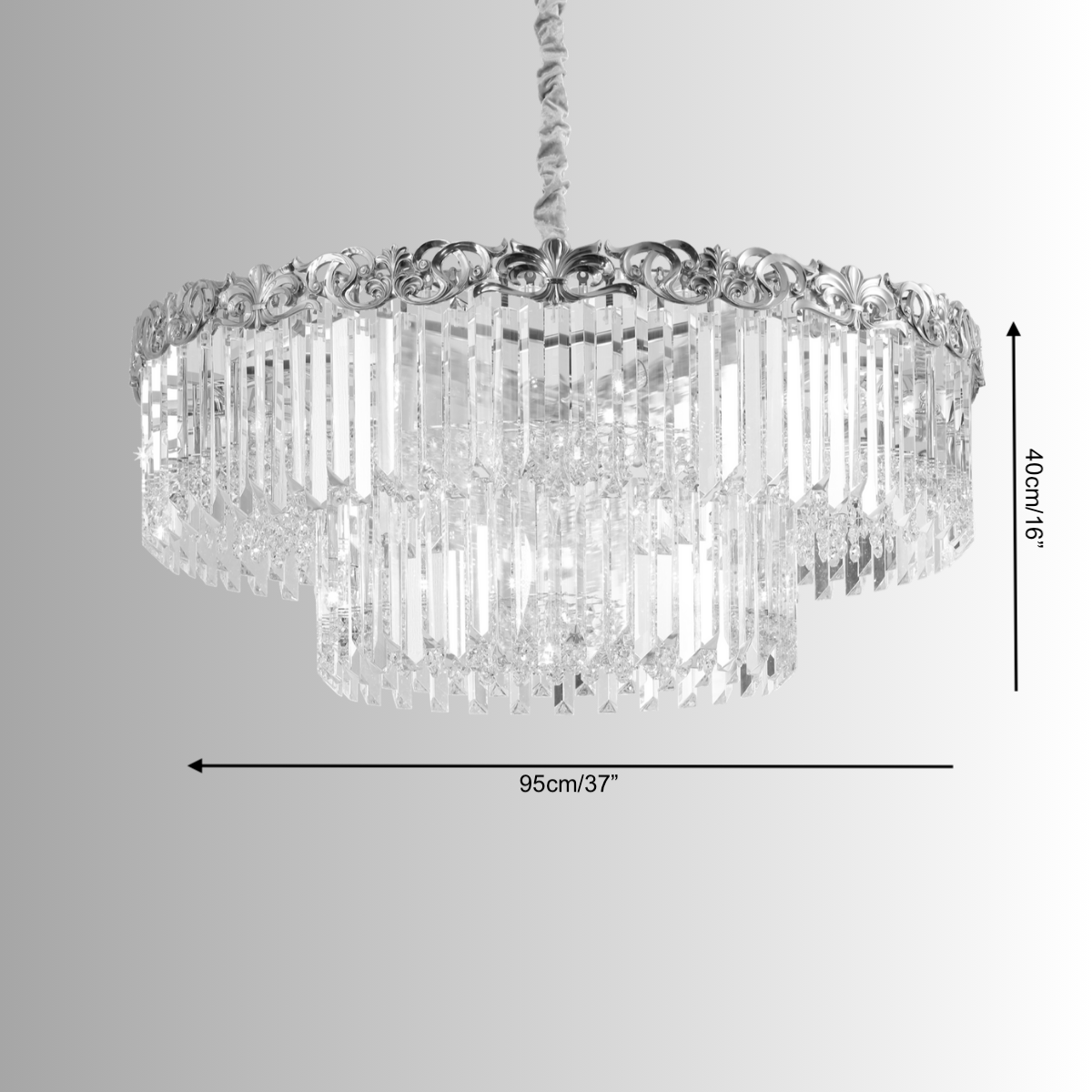 Technical drawing of the La Scala Crystal Conte chandelier showing width, height, and detailed tiered crystal structure.
