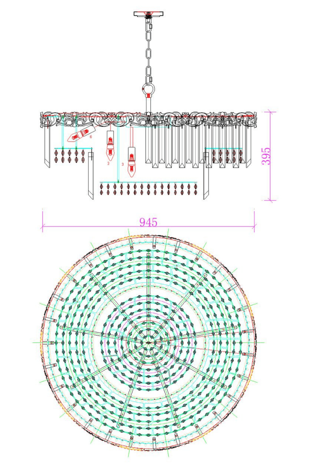Top and bottom technical schematic of the La Scala Crystal Conte chandelier showing tiered layout and mounting design.