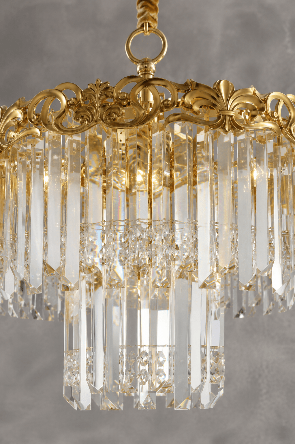 Close-up of La Scala Crystal Contessa luxury crystal chandelier with 18K gold-plated frame and clear crystals