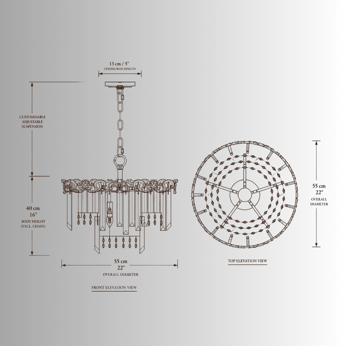 La Scala Crystal Contessa chandelier CAD drawing with front and top elevations, dimensions and technical specifications