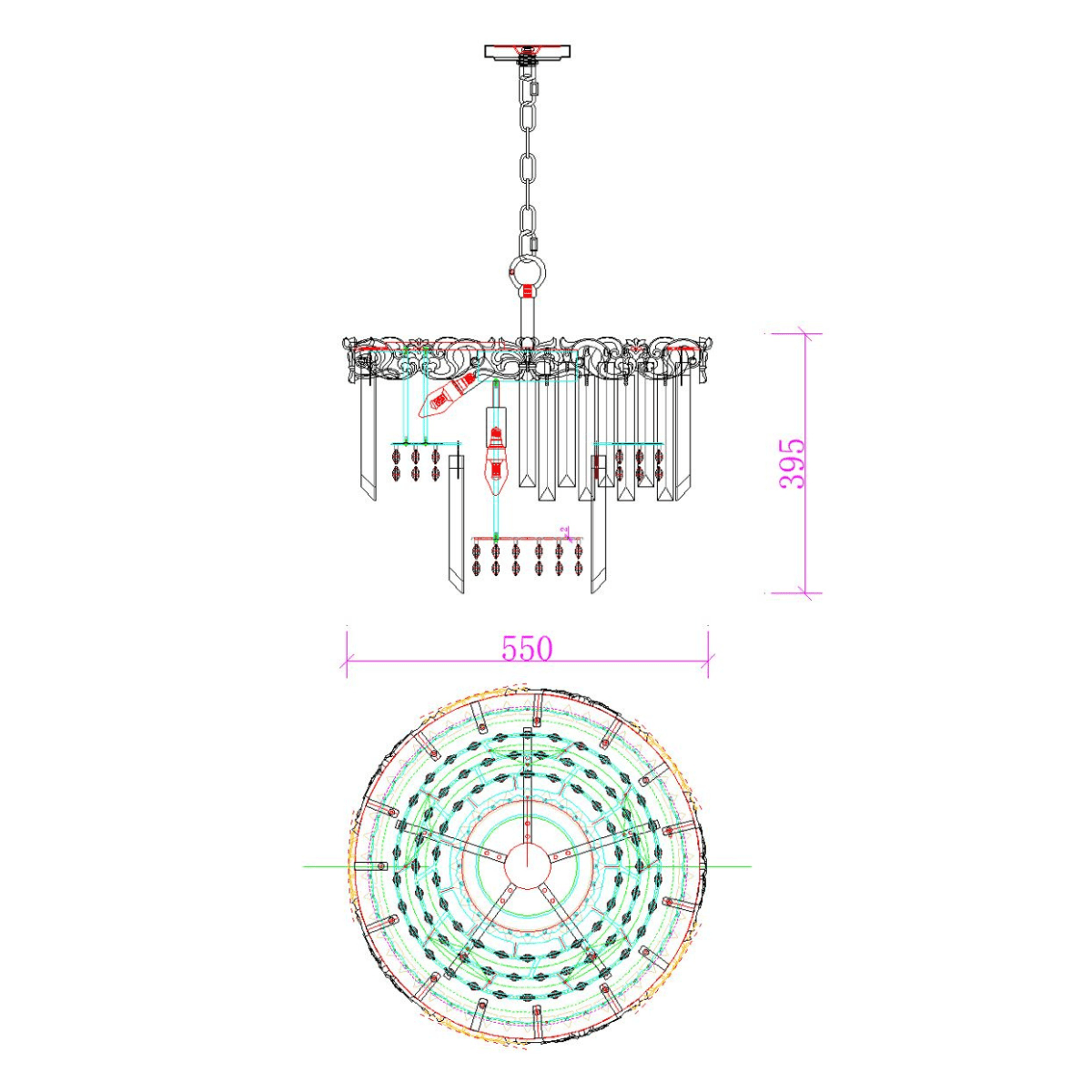 Technical drawing of La Scala Crystal Contessa chandelier with detailed design measurements.