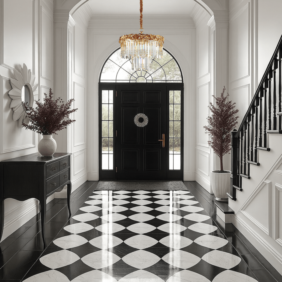 La Scala Crystal Contessa chandelier illuminating elegant foyer with 18K gold and crystal brilliance.