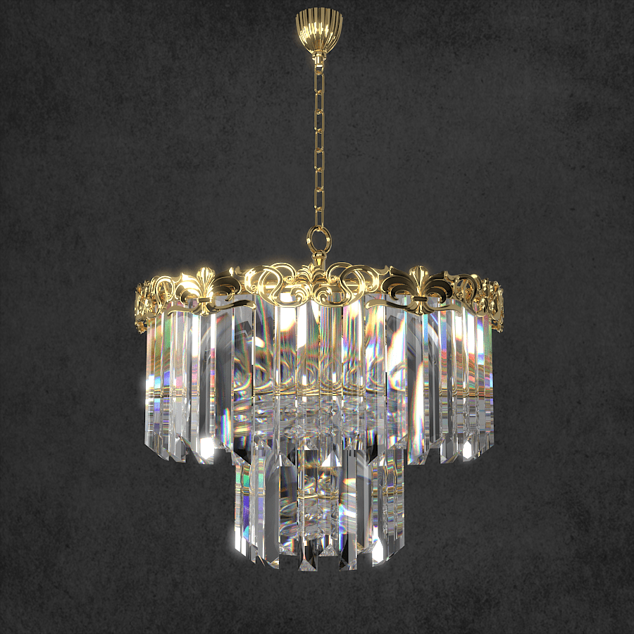 3D render of La Scala Crystal Contessa chandelier showing crystal details and 18K gold finish.