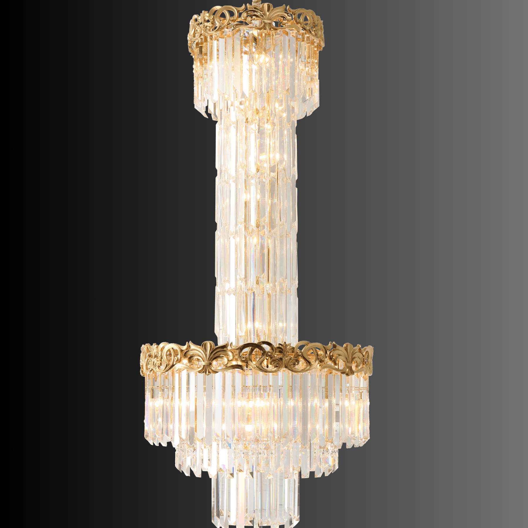 Statement 18K gold crystal chandelier for mansion interiors and high ceilings by HDLS Lighting.