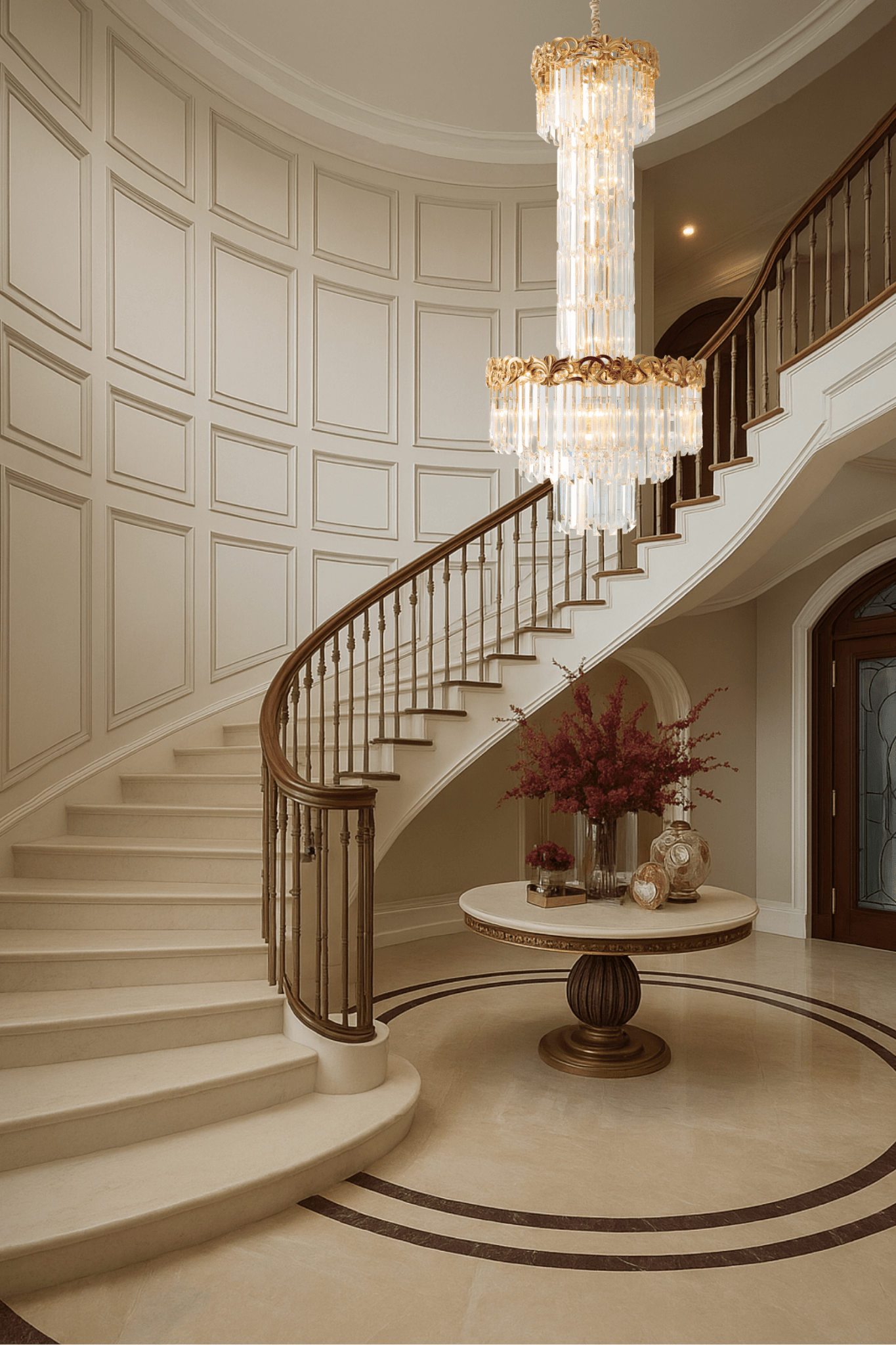 Luxury chandelier illuminating villa foyer and curved staircase, crafted in 18K gold and crystal.