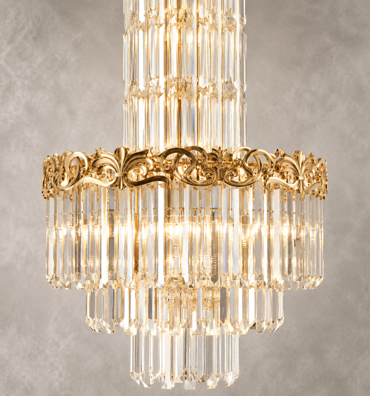 Close-up of La Scala Crystal Duca luxury crystal chandelier with 18K gold frame and premium crystals