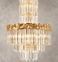 Close-up of La Scala Crystal Duca luxury crystal chandelier with 18K gold frame and premium crystals