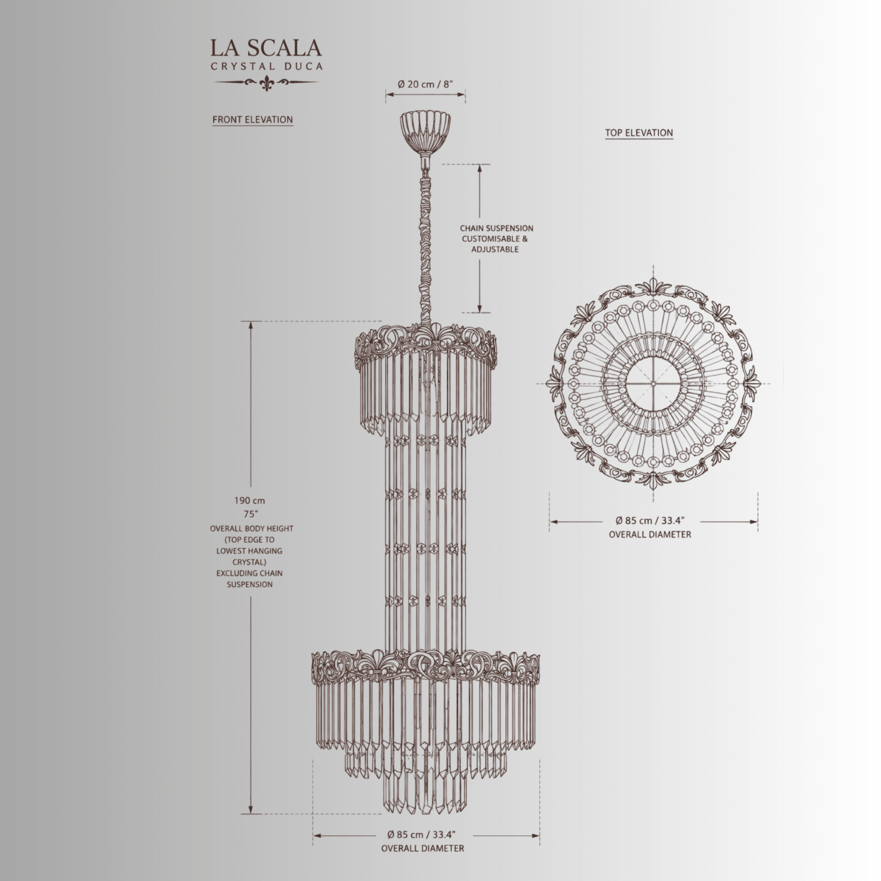 CAD drawing of La Scala Crystal Duca luxury staircase chandelier, 85cm x 190cm technical dimensions