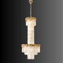 Luxury crystal chandelier for foyer or villa entrance with 18K gold plated frame and tiered crystals.