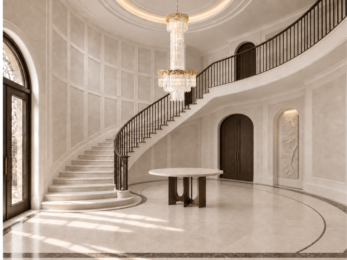 La Scala Crystal Duca chandelier by HDLS Lighting in a grand double-height staircase foyer with gold metalwork and crystal.