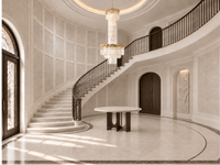 La Scala Crystal Duca chandelier by HDLS Lighting in a grand double-height staircase foyer with gold metalwork and crystal.