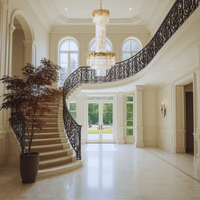 Grand staircase lighting with La Scala Crystal Duca 18K gold chandelier for mansion entrance hall.