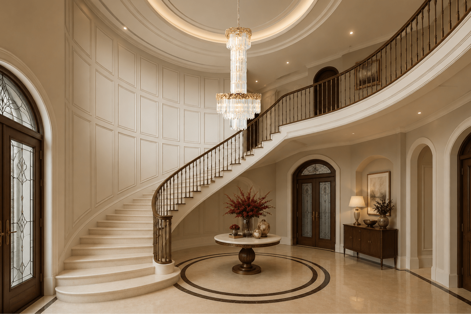 La Scala Crystal Duca luxury crystal chandelier in a grand double-height staircase entrance of a luxury home