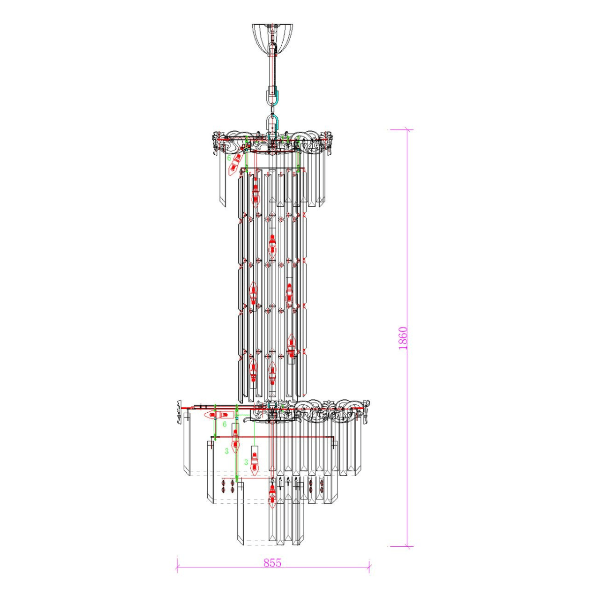Technical drawing of La Scala Crystal Duca chandelier showing design measurements and assembly layout.