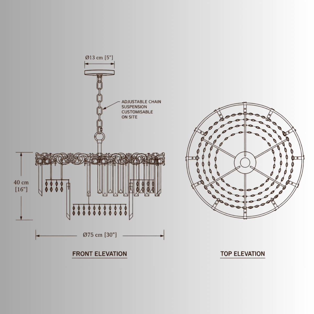 La Scala Crystal Marchesa chandelier CAD drawing with front and top elevations, dimensions and adjustable chain