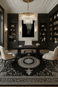 Luxury chandelier La Scala Crystal Marchesa installed in elegant home office with 18K gold finish.