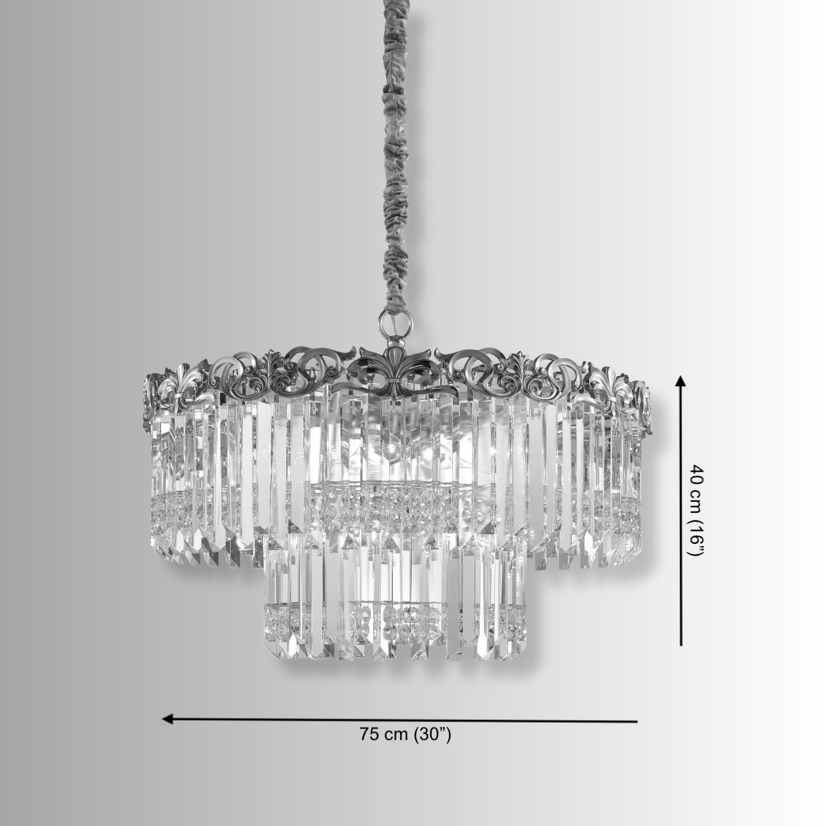 La Scala Crystal Marchesa chandelier dimensions 75 cm (30") by 40 cm (16"), luxury lighting design.