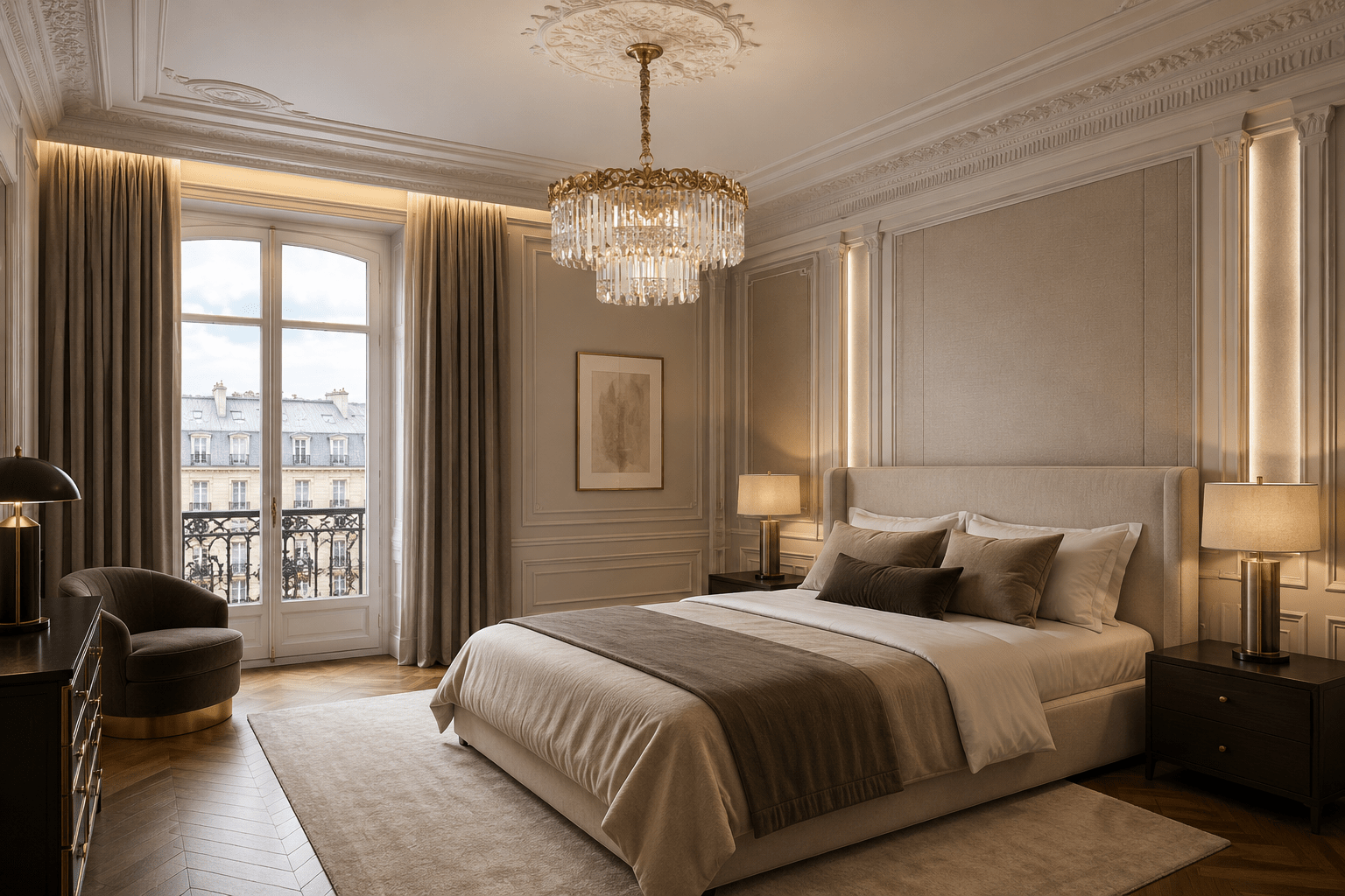 La Scala Crystal Marchesa luxury crystal chandelier in a modern Paris bedroom with elegant classic interiors