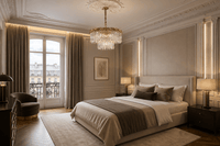 La Scala Crystal Marchesa luxury crystal chandelier in a modern Paris bedroom with elegant classic interiors