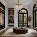 La Scala Crystal Marchesa chandelier enhancing dressing room with 18K gold and crystal brilliance.