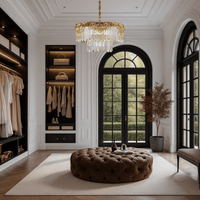 La Scala Crystal Marchesa chandelier enhancing dressing room with 18K gold and crystal brilliance.