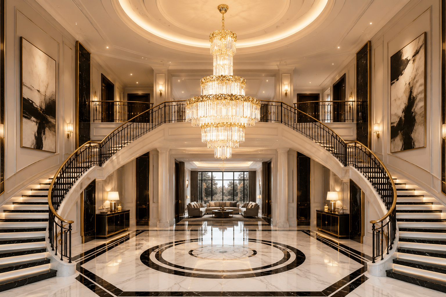 La Scala Crystal Sovrano luxury crystal chandelier in a grand double-height entrance with curved staircase