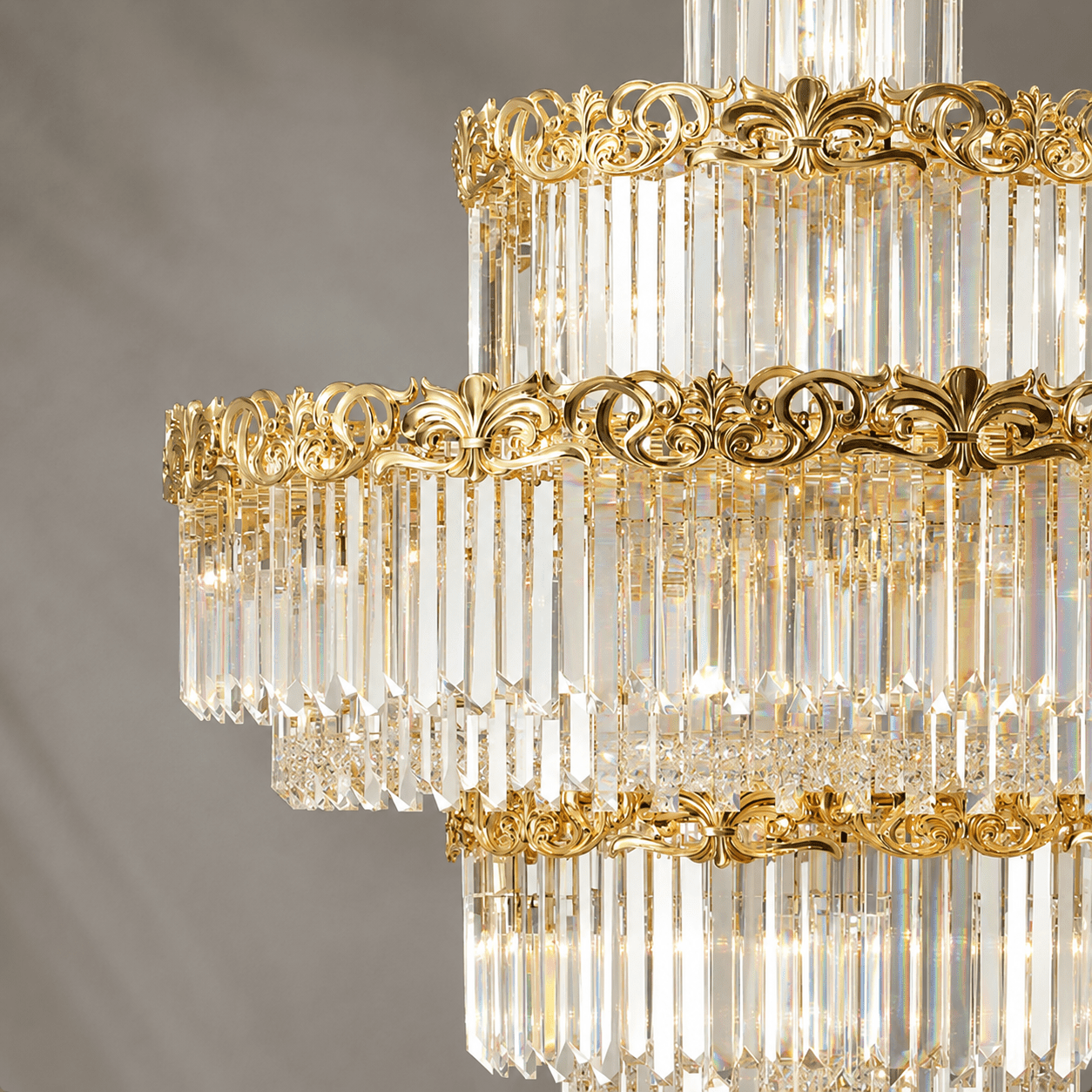 Close-up of La Scala Crystal Sovrano luxury crystal chandelier with 18K gold finish and lead-free crystals
