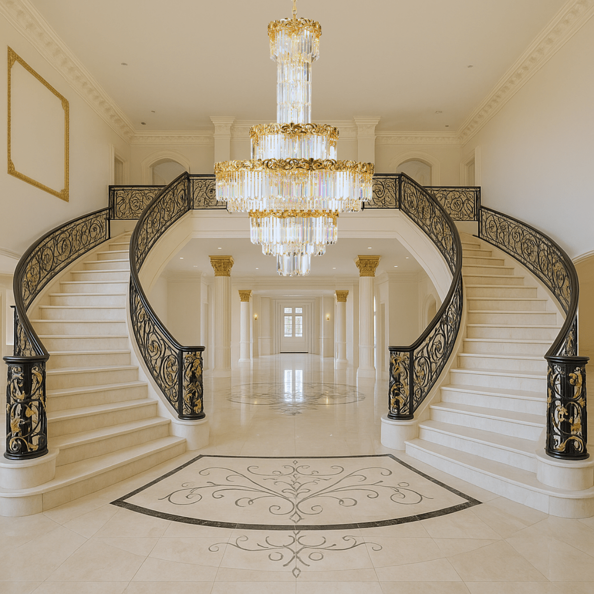 La Scala Crystal Sovrano chandelier lighting a grand staircase foyer with marble floors and high ceilings.