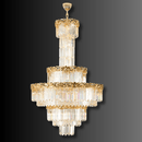 Front view of La Scala Crystal Sovrano chandelier with gold crown and crystal tiers on dark backdrop.