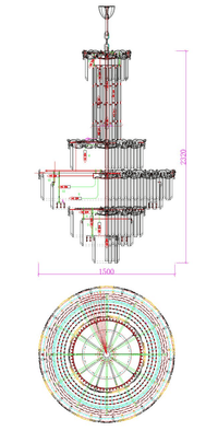 Top and side technical schematic of La Scala Crystal Sovrano chandelier showing tiered crystal layout.