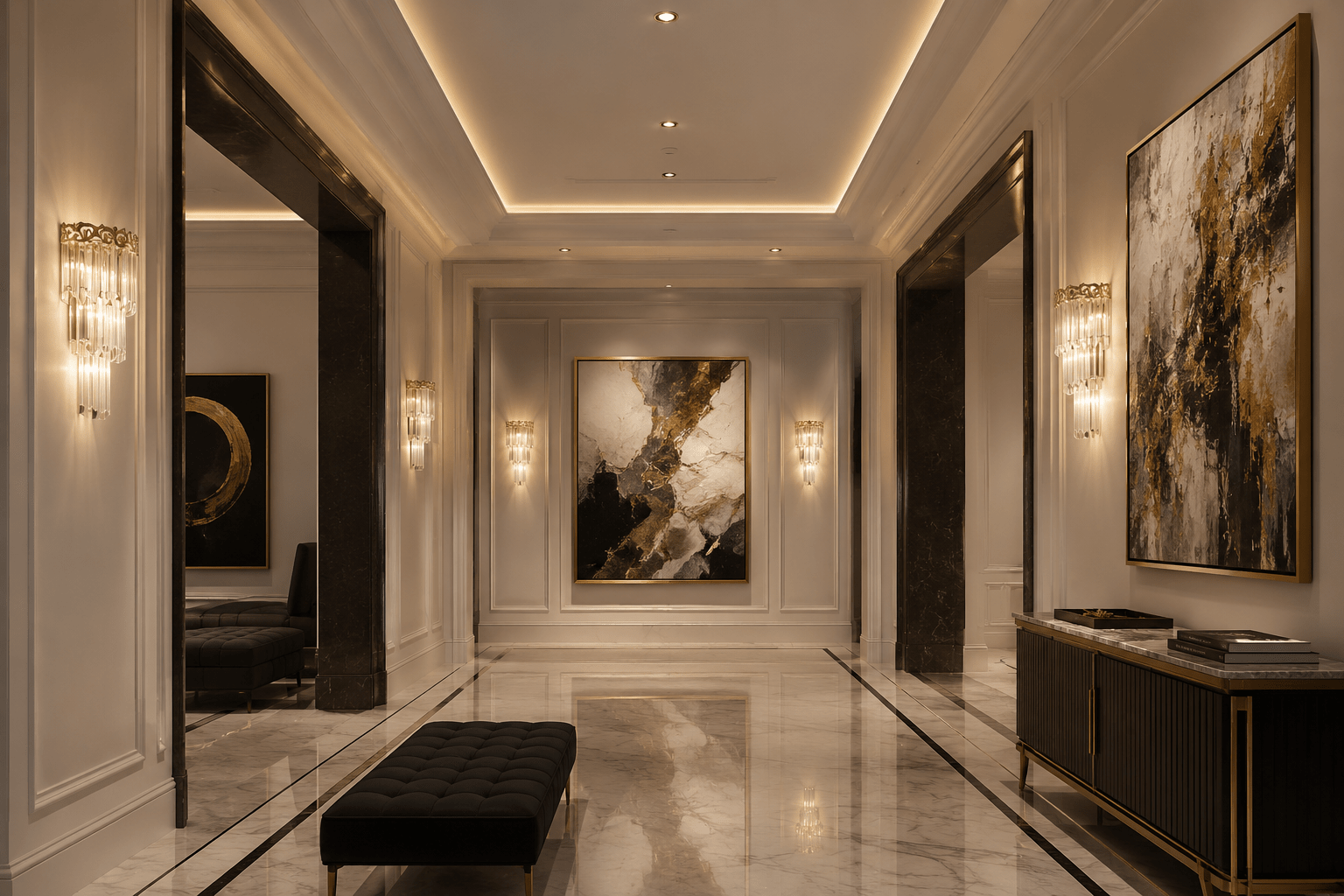La Scala Crystal Visconte luxury wall lamps in a modern gallery with marble flooring by HDLS Lighting Ltd