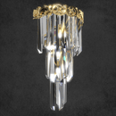 Close-up detail of the La Scala Crystal Visconte wall lamp showing gold-plated copper and crystal prisms craftsmanship.