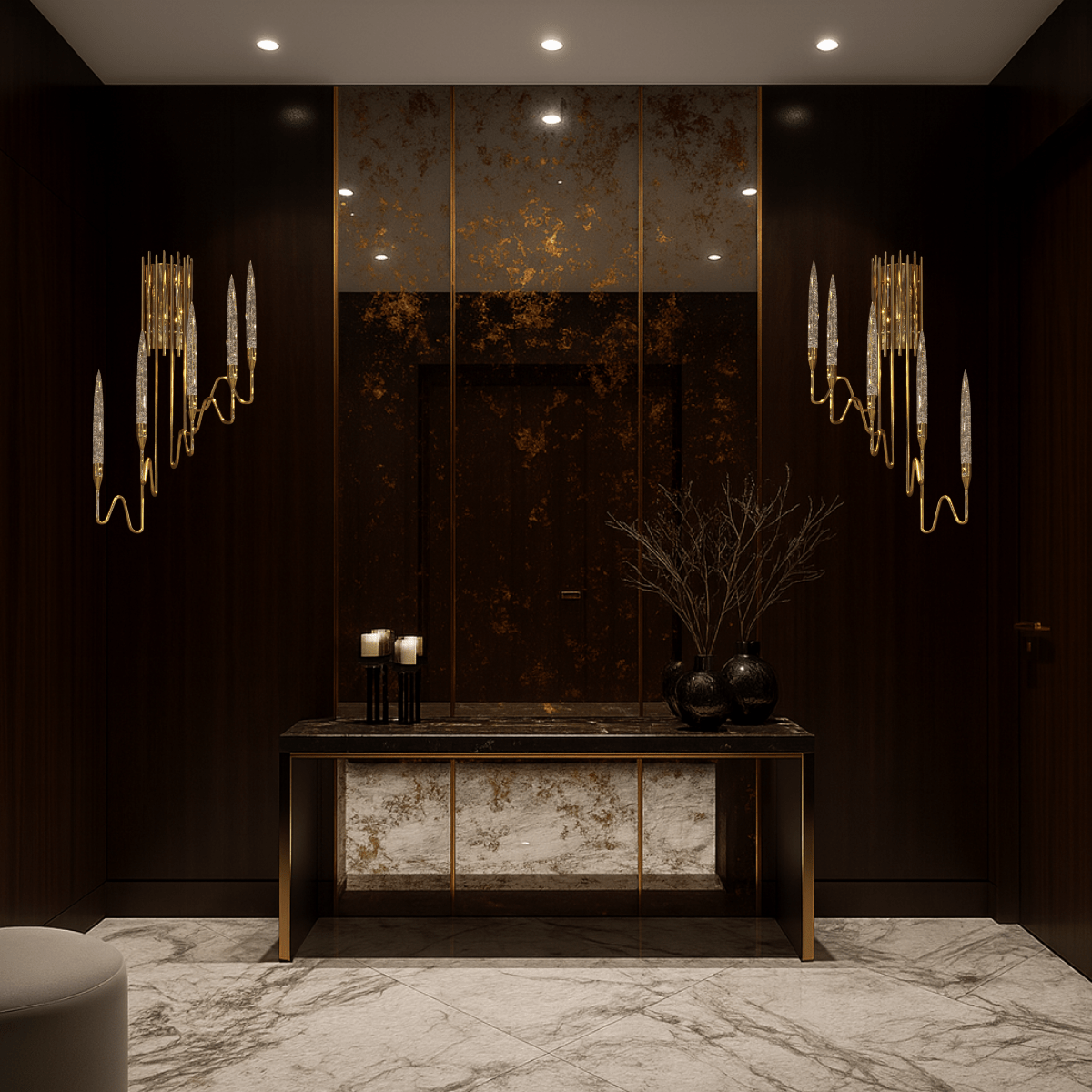 Luce di Roma Foro wall sconce installed in an elegant hallway with marble flooring, radiating warm champagne illumination.