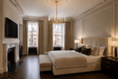 Luce di Roma Theia luxury gold chandelier installed in a modern Chelsea bedroom with elegant interior