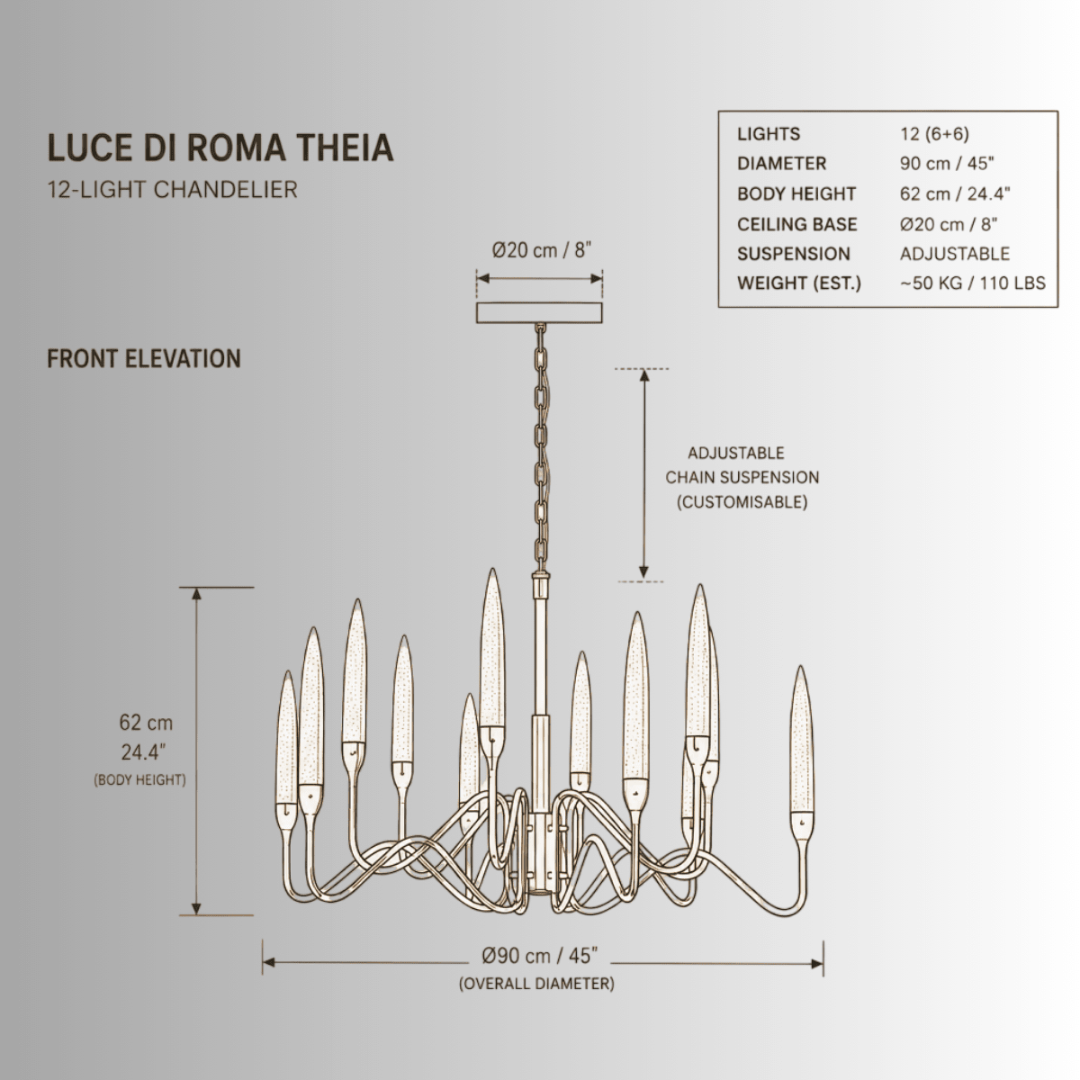 Luce di Roma Theia 12-light gold chandelier CAD drawing with front elevation, dimensions and adjustable chain