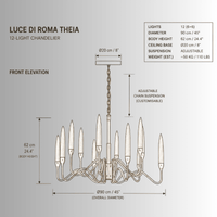 Luce di Roma Theia 12-light gold chandelier CAD drawing with front elevation, dimensions and adjustable chain