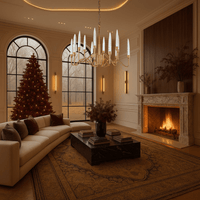 Luce di Roma Hestia chandelier hanging over a holiday-decorated living room with warm lighting, gold details.