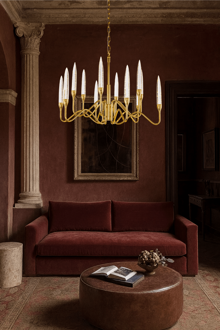 Hestia chandelier displayed in a high-end lounge with warm ambient glow, gold frame, and champagne crystal accents.