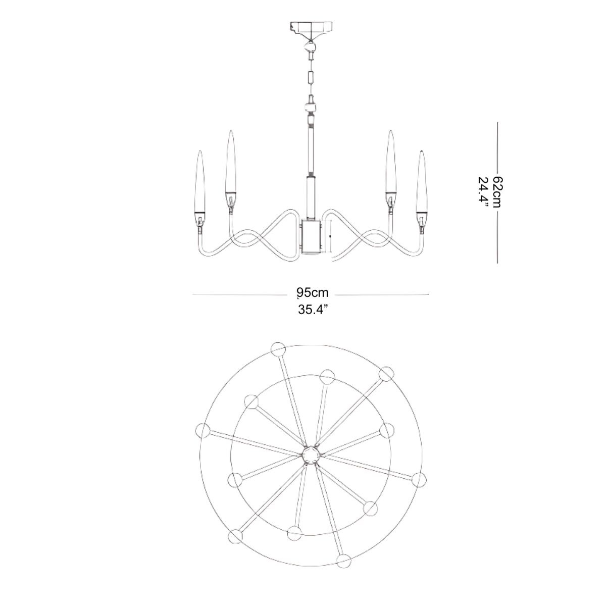 Side elevation drawing of the Hestia chandelier detailing drop height, arm curvature, and structural design for installation.