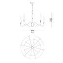 Side elevation drawing of the Hestia chandelier detailing drop height, arm curvature, and structural design for installation.